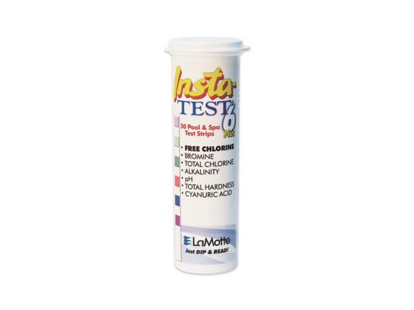 A container of LaMotte Insta-Test 6 Pool & Spa test strips, detailing tests for free chlorine, bromine, total chlorine, alkalinity, pH, and more.