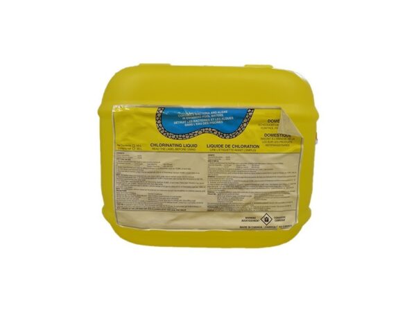 A yellow container labeled as chlorinating liquid, featuring informational text and safety symbols. It is designed for mixing with pool water.