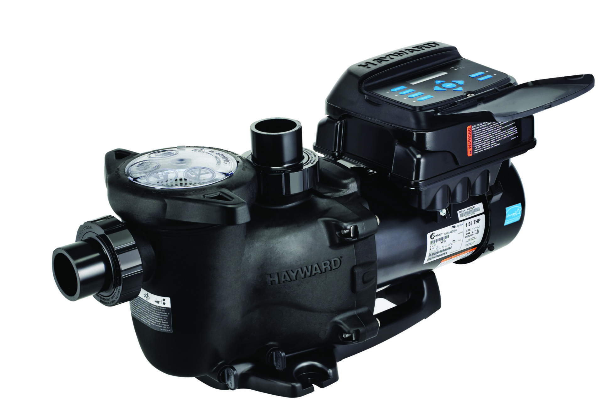 A Hayward swimming pool pump with a digital control panel, featuring black construction and clear lid for easy maintenance and efficient water circulation.