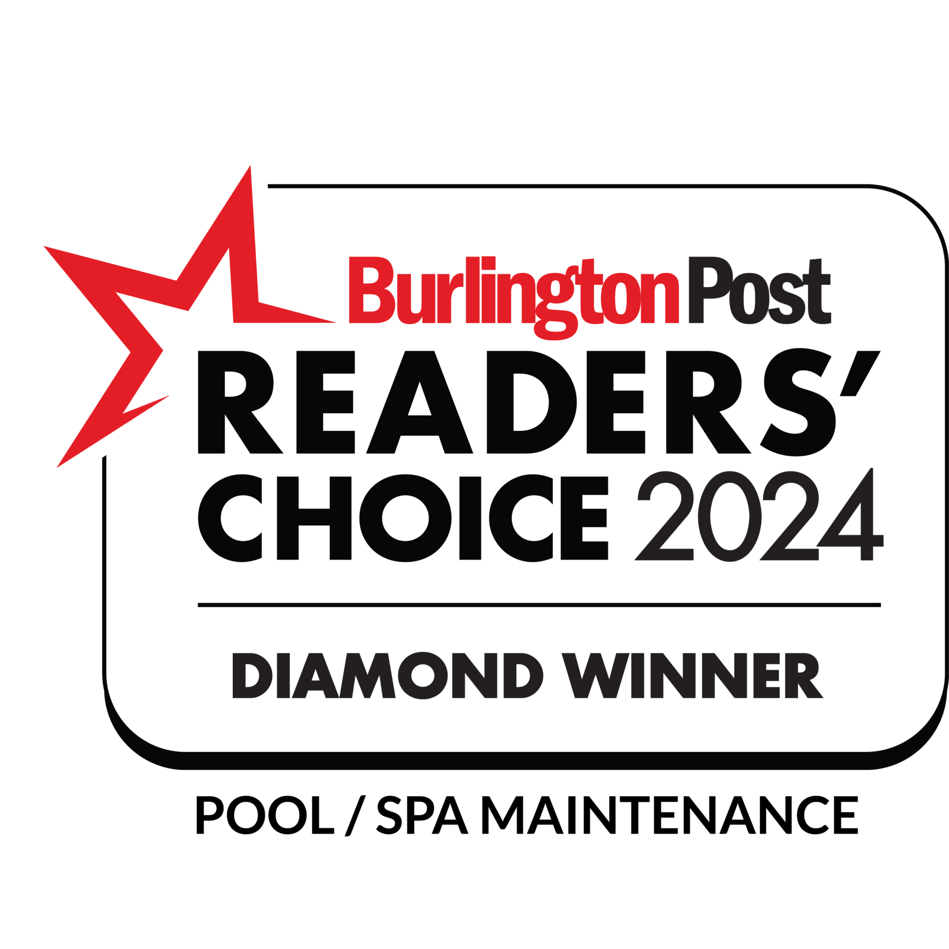 Award badge for Burlington Post Readers' Choice 2024, labeled "Diamond Winner," featuring a red star design and bold black text on a white background.