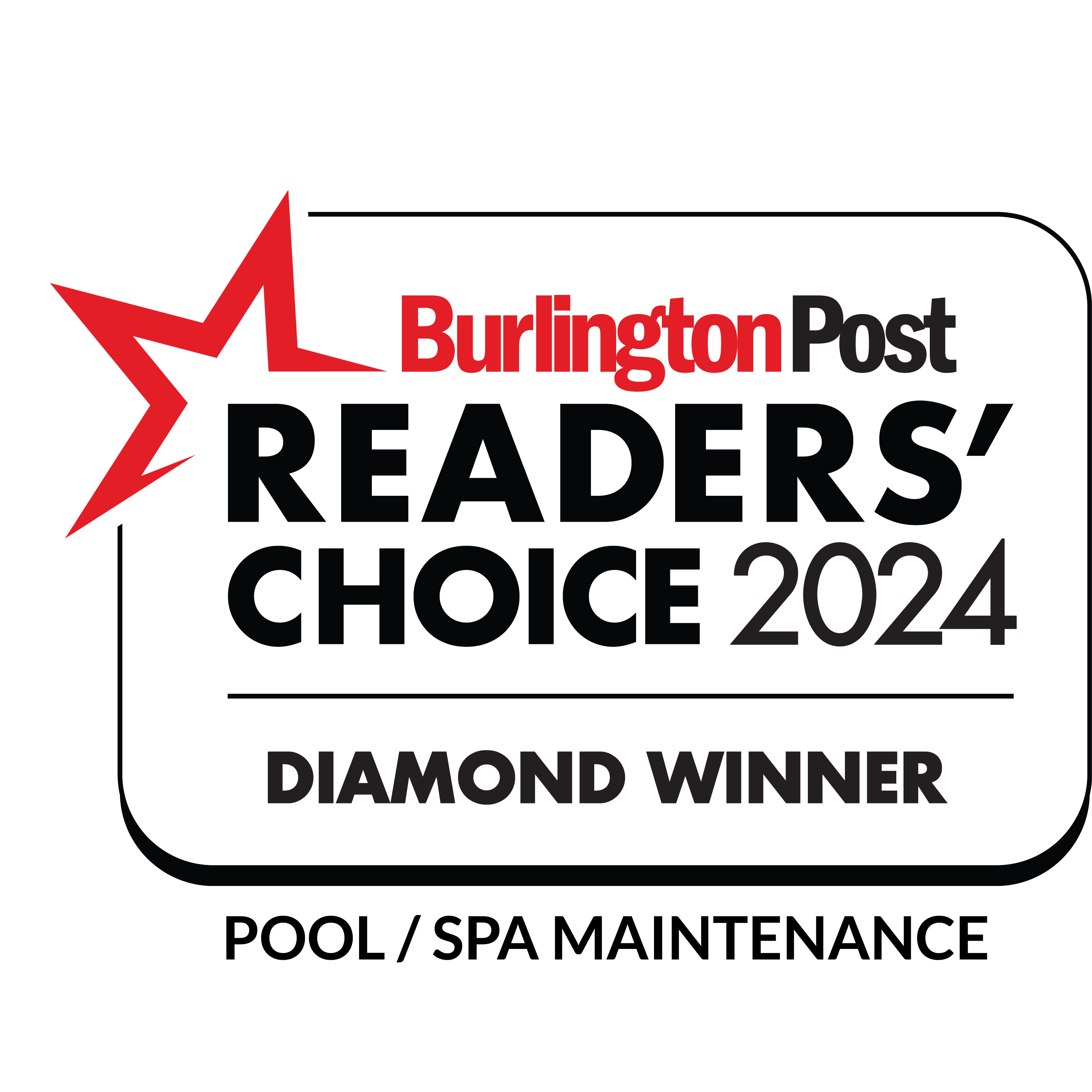 Award badge for Burlington Post Readers' Choice 2024, labeled "Diamond Winner," featuring a red star design and bold black text on a white background.
