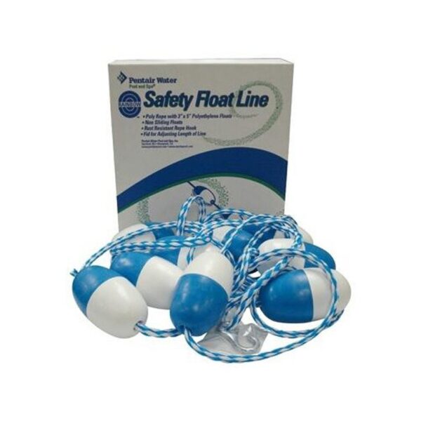 Image shows a Pentair Water Safety Float Line package with a blue and white rope and flotation buoys for pool safety and marking lines.