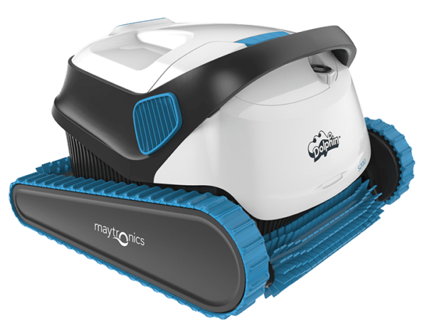 A white and blue robotic pool cleaner with treads, labeled "Dolphin" and "Maytronics," designed for efficient underwater cleaning. It's compact and modern.