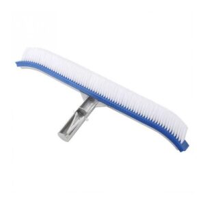 A pool brush with white bristles and a blue frame is displayed against a plain background. It features a metal handle attachment.