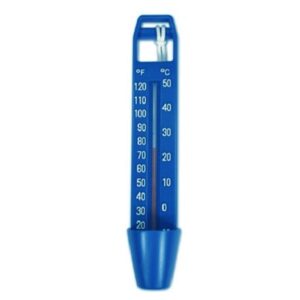 A blue pool thermometer displaying temperatures in Fahrenheit and Celsius, designed for floating, with a clear tube and accessible string for easy retrieval.