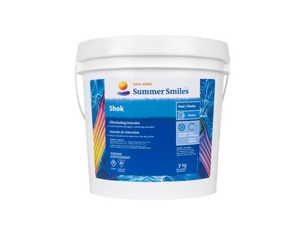 A white bucket labeled "Summer Smiles Shok" contains chlorinating granules for pool maintenance. The design features colorful lines and safety warnings.