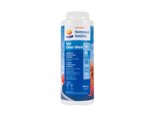 A bottle labeled "Summer Smiles Spa Chlor Ultra," used for pool maintenance. Features product information and safety instructions on the blue packaging.