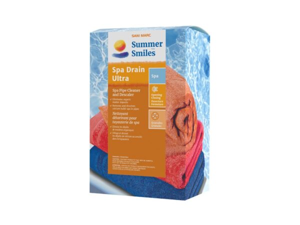 Product packaging for "Summer Smiles Spa Drain Ultra" cleaner, featuring colorful towels and a blue water background. Designed for spa maintenance.