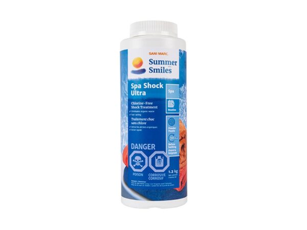 A bottle of Sani Marc Summer Smiles Spa Shock Ultra, featuring safety labels and product details, against a white background.