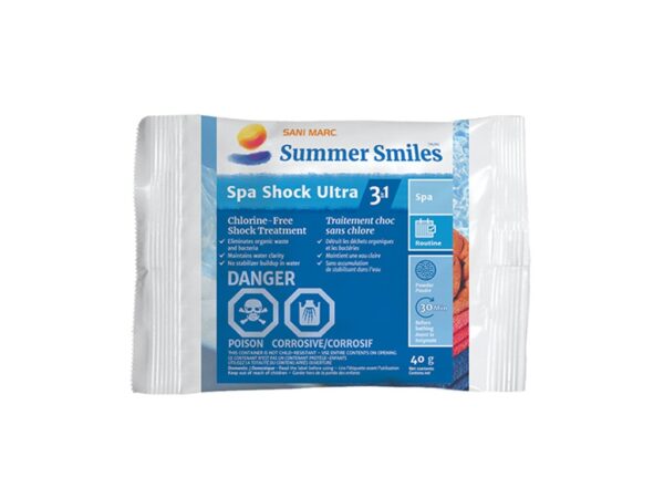 A packet of Sani Marc Summer Smiles Spa Shock Ultra, chlorine-free treatment, featuring warning labels and instructions in English and French.