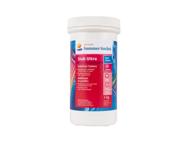 A white container labeled "Summer Smiles Stab Ultra Stabilizer Tablets" for pool maintenance. The packaging features colorful artwork and product details in multiple languages.