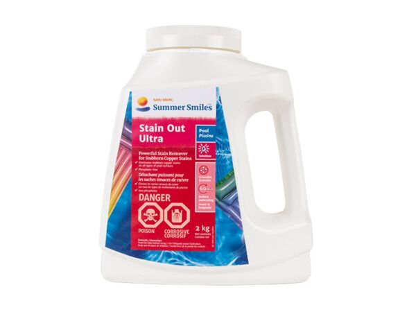 White plastic container labeled "Summer Smiles Stain Out Ultra," featuring warnings about poison and corrosive contents. Designed for pool use, weighs 2 kg.