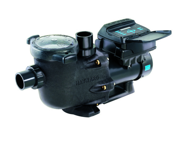 A black Hayward pool pump with a digital display and connected pipes, designed for efficient water circulation in swimming pools.