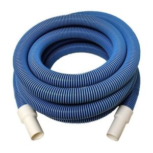 A coiled blue plastic hose with white nozzles at both ends, neatly arranged on a white background. No people or landmarks present.