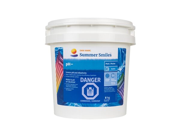 Plastic bucket labeled "Summer Smiles," containing a chemical for pool maintenance. It displays a blue danger sign indicating corrosive content, weighing 8 kg.