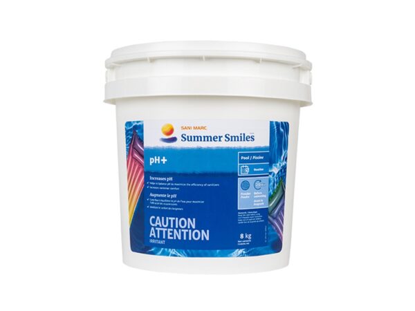 A white container labeled "Summer Smiles" with a colorful design. It contains pH increaser and has a caution warning for irritant.