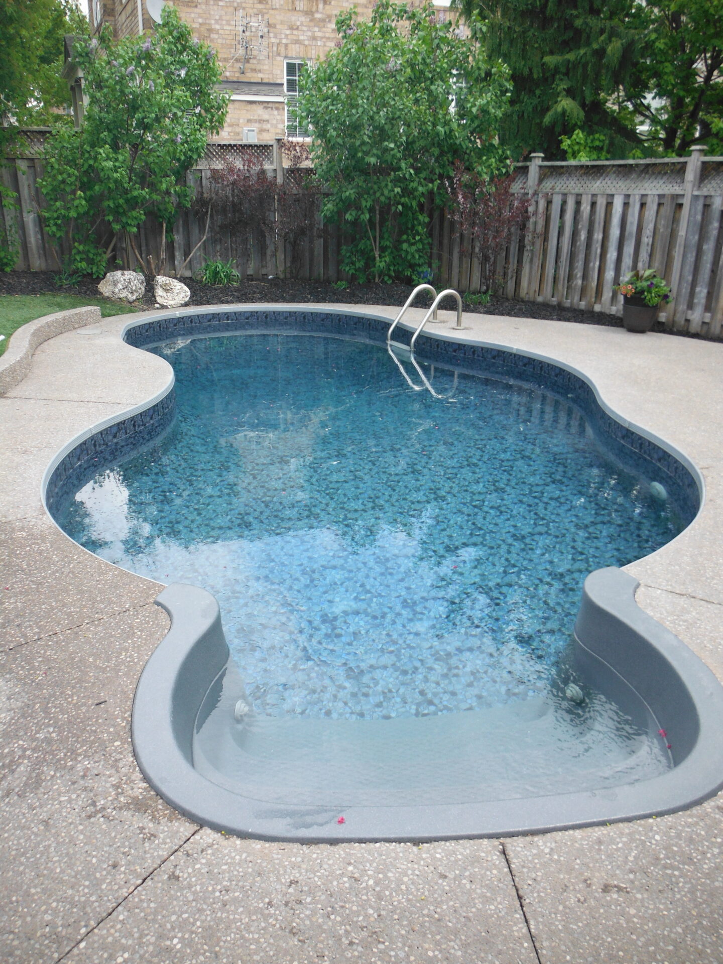 A backyard features a kidney-shaped swimming pool, surrounded by trees, shrubs, and a wooden fence, with a stone building in the background.