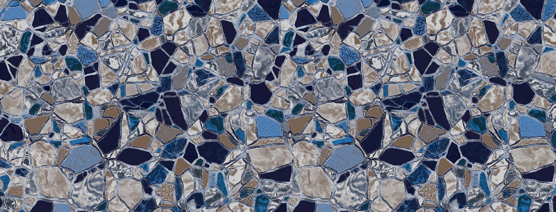 A mosaic pattern featuring irregular, multicolored tiles in shades of blue and gray. Abstract design with varied geometric shapes and textures.