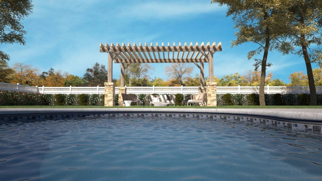 A serene backyard features a pool, pergola, and seating area surrounded by a white fence, garden, and trees under a clear blue sky.