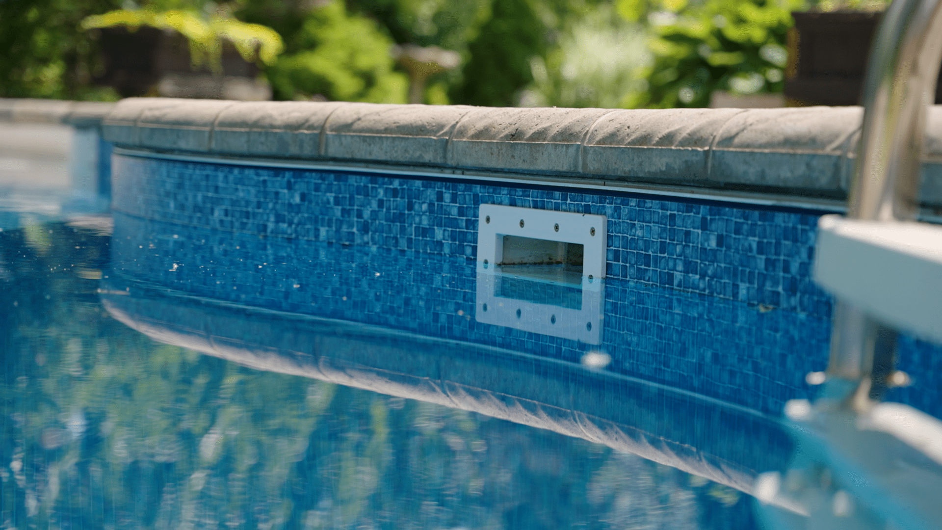 A close-up view of a swimming pool with a tiled edge and a skimmer, surrounded by greenery in the background.