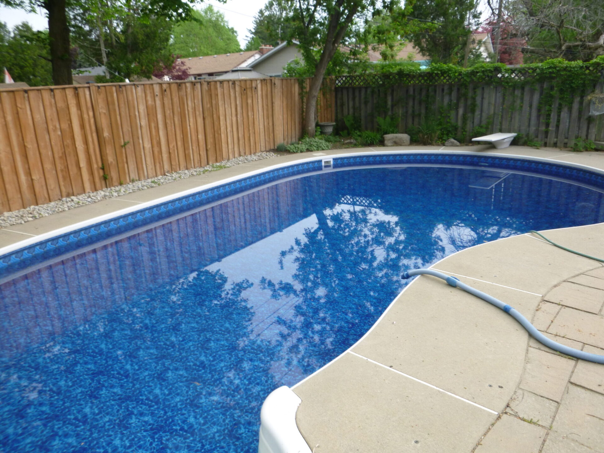 A backyard scene with a swimming pool, surrounded by a wooden fence and trees. The pool deck edge is visible with a hose.