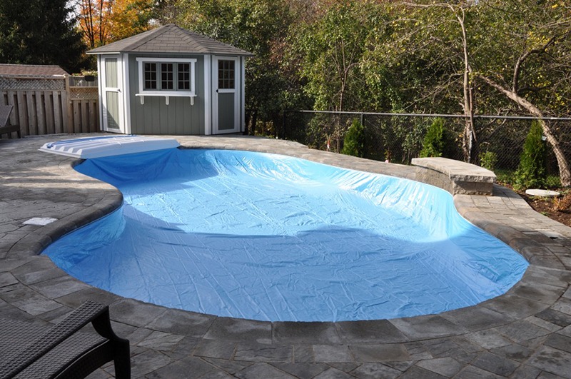 An empty swimming pool covered with a blue tarp is surrounded by a stone patio, trees, and a small wooden shed in the background.