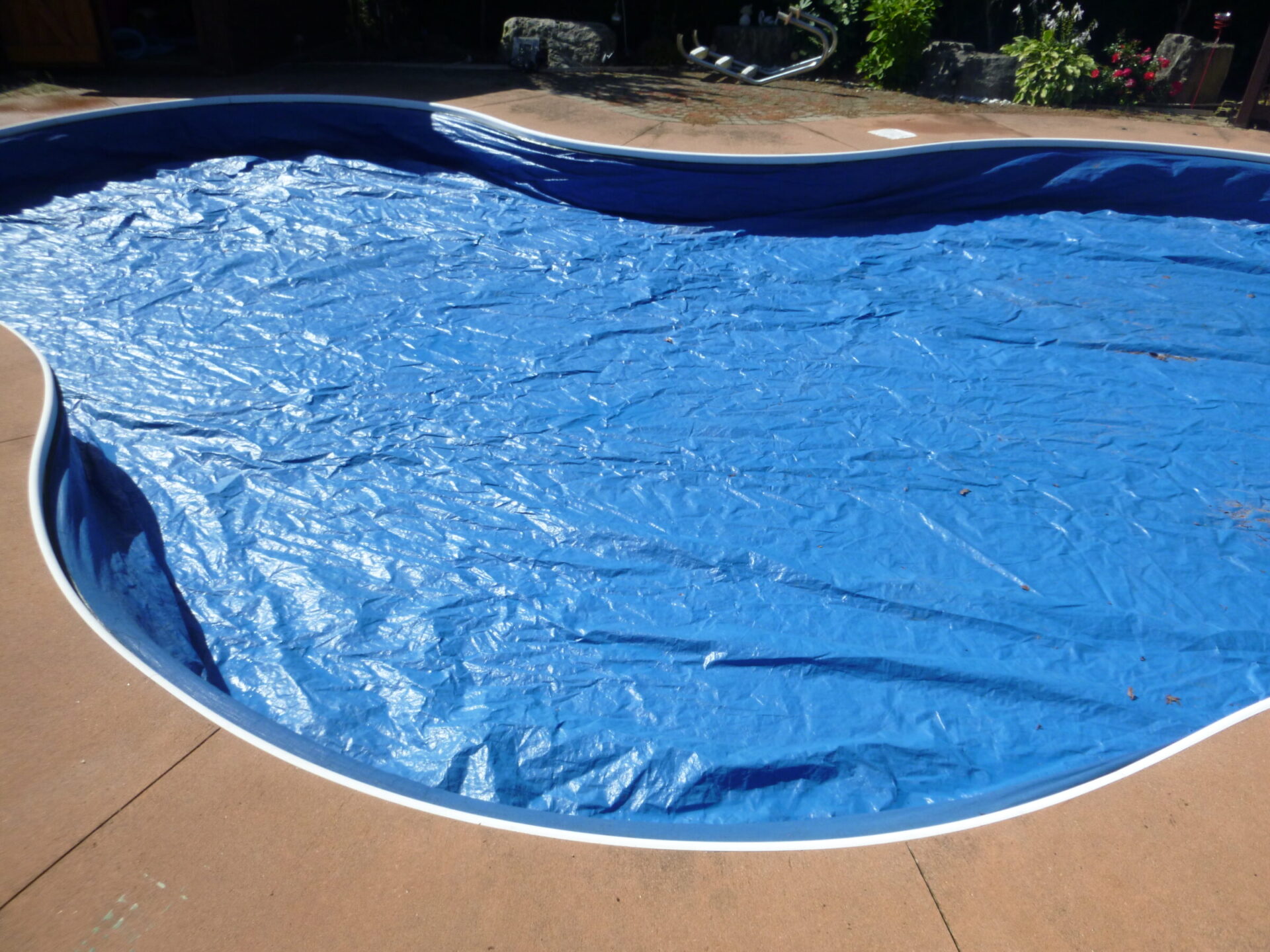 A swimming pool with a blue cover in a backyard setting, surrounded by a stone patio and garden, in bright sunlight.