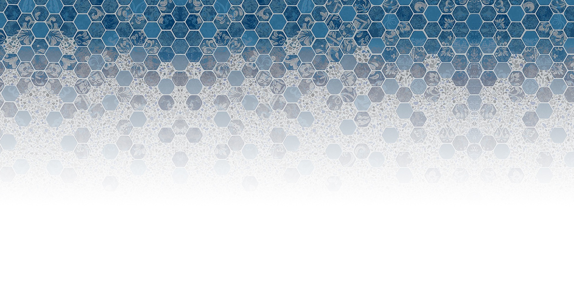 Abstract hexagonal pattern with a blue gradient fading to white. Textured design creates a sense of depth and visual interest.