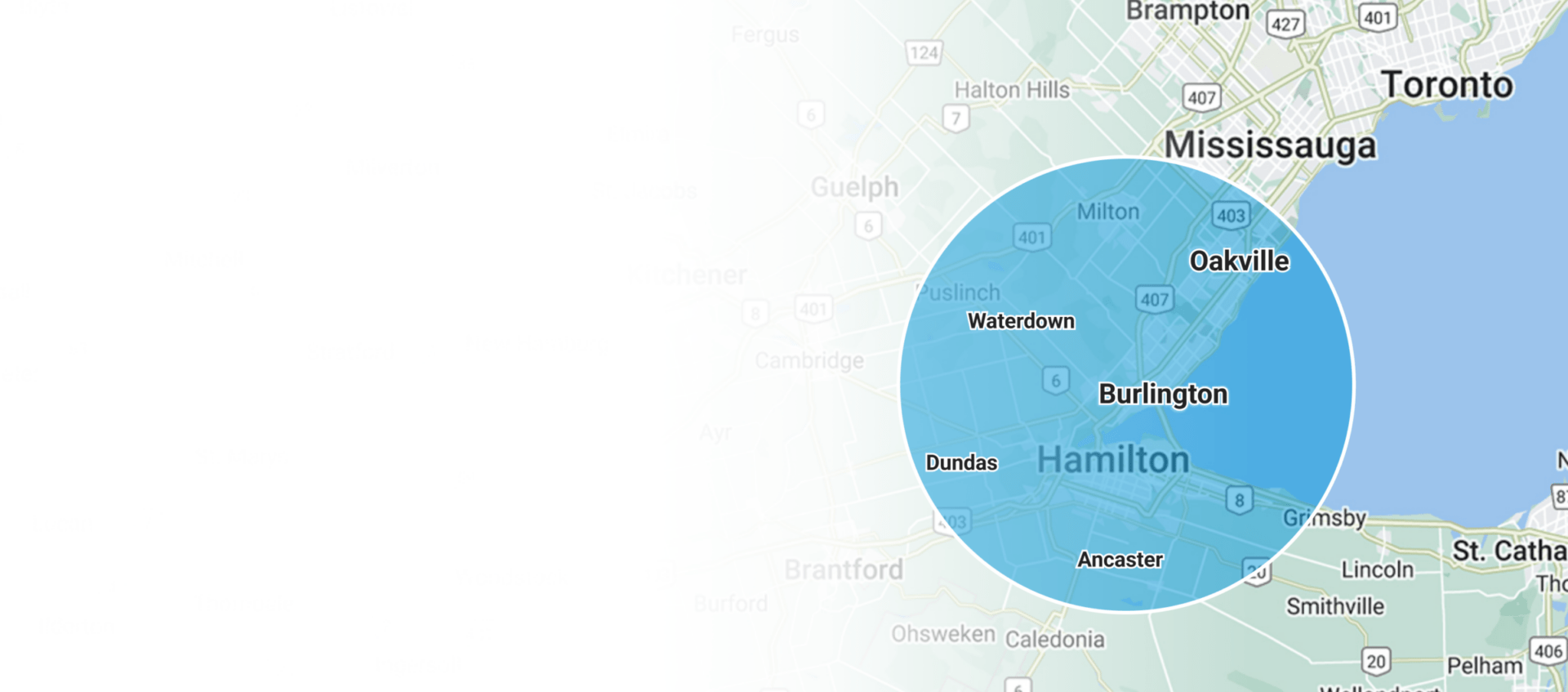 Map displays Greater Toronto Area with cities like Mississauga, Burlington, and Hamilton highlighted within a blue circle near Lake Ontario.