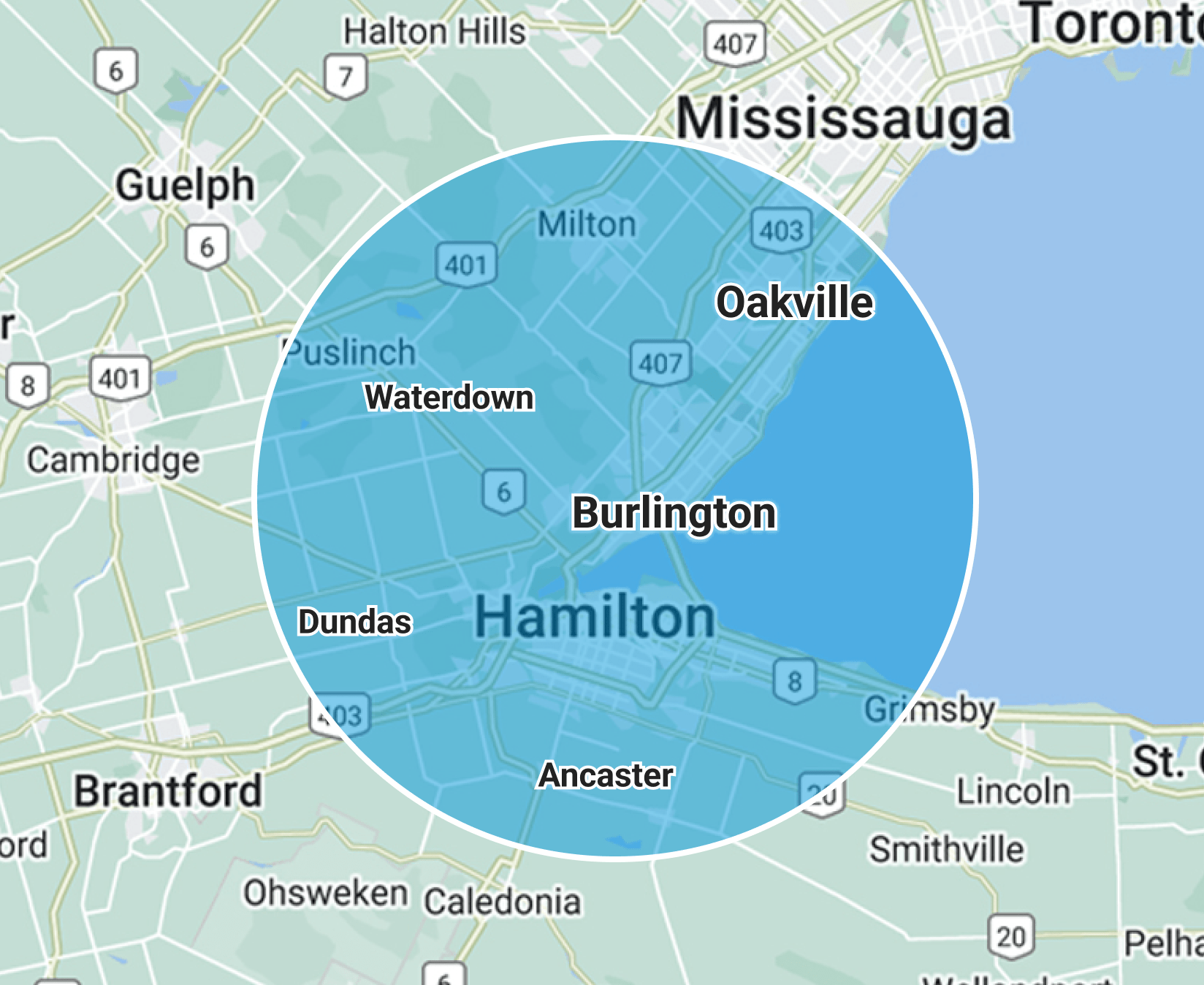 Map highlighting Hamilton and nearby cities like Burlington and Oakville in Ontario, Canada. Highways and water bodies are visible, with a shaded area.